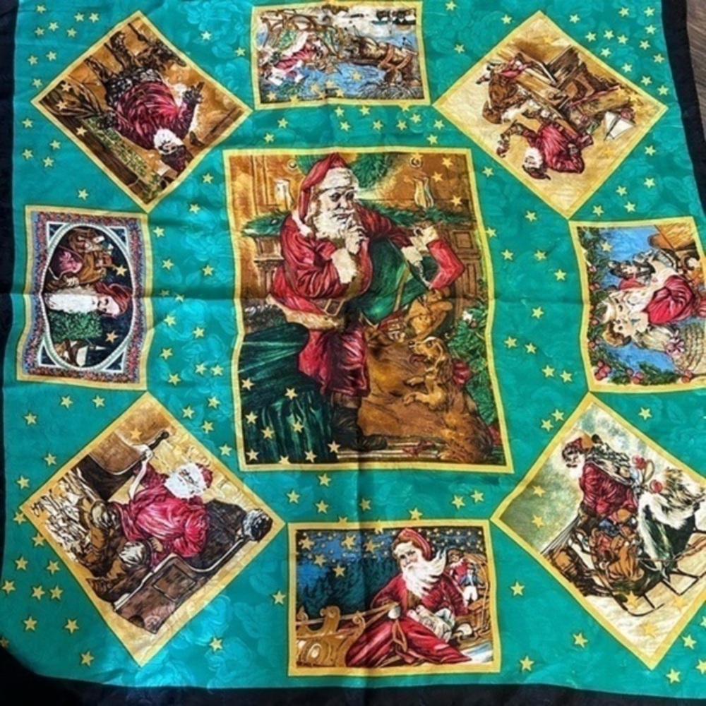 Vintage Old World Santa Christmas Scarf Holidays Bold Colors EUC